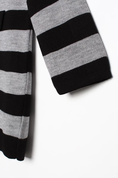 Siyah-Gri-Çizgili Fitilli Yaka Düğmeli Hırka - 7
