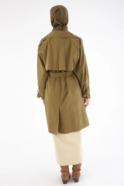 Haki-Kemerli Çıtçıtlı Trençkot - Resim 3