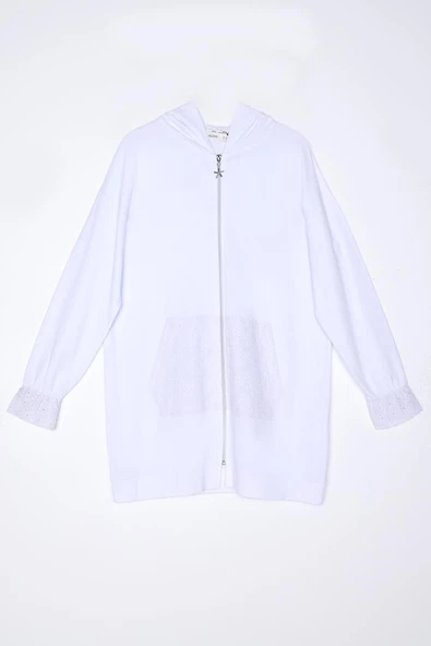 Beyaz-%100 Pamuklu Fisto Sweat Hırka - 8