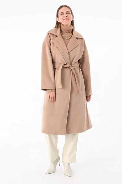 Koyu Bej-Kruvaze Yaka Kuşaklı Kaşe Kaban - 2