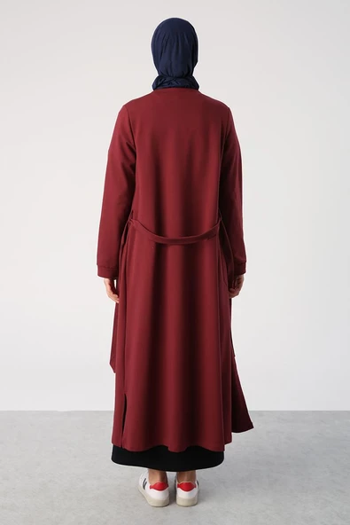 Bordo-Kuşaklı Cepli Bisiklet Yaka Likralı Uzun Hırka - 4