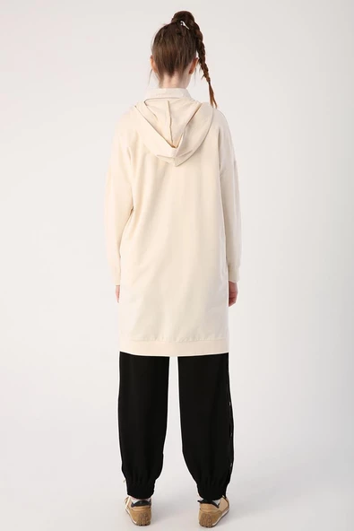 Ekru-Fermuarlı Sweat Hırka - 4