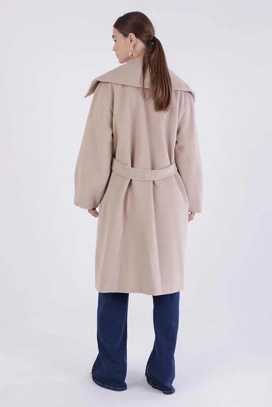 Bej-Oversize Kuşaklı Kaşe Kaban - 4