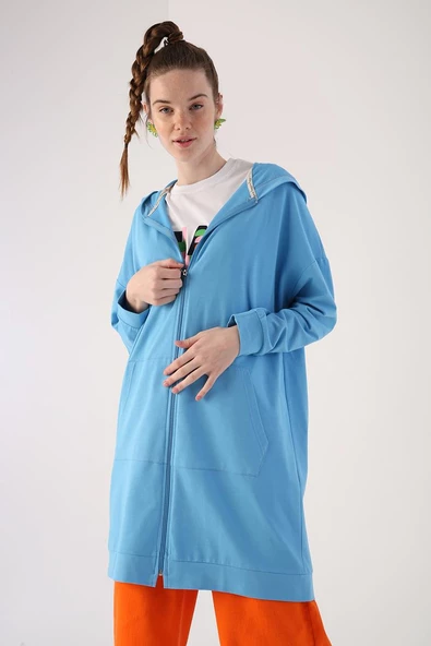 Mavi-Fermuarlı Sweat Hırka - 5