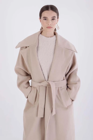 Bej-Oversize Kuşaklı Kaşe Kaban - 5