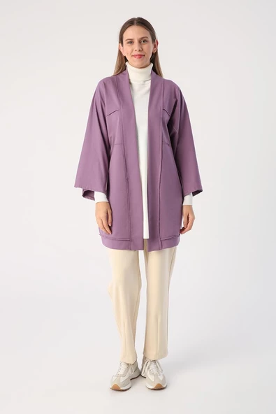 Koyu Lila-Yarasa Kollu Likralı Oversize Kimono - 2