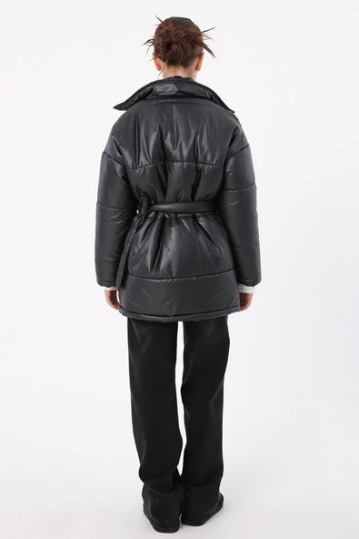 Siyah-Kalpli Kemer Aksesuarlı Şişme Mont - 4