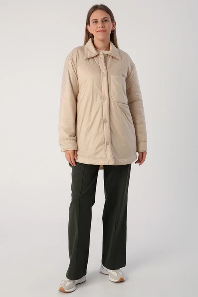 Bej-Oversize Çıtçıtlı Gömlek Yaka Mont - 4