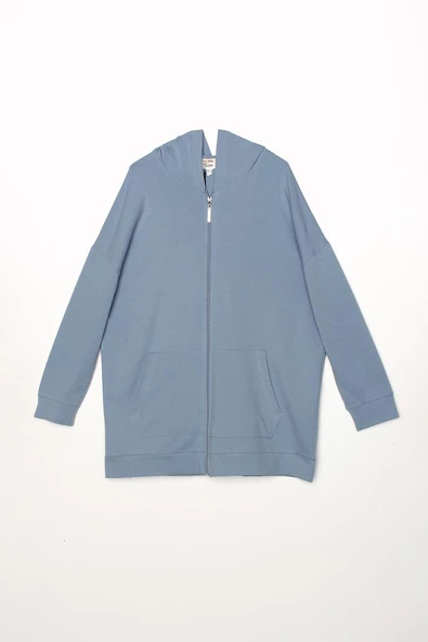 Açık Mavi-Fermuarlı Sweat Hırka - 7