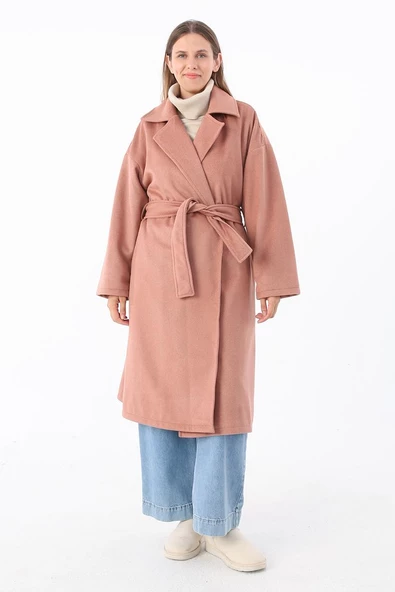 Gül-Kruvaze Yaka Kuşaklı Kaşe Kaban - 2