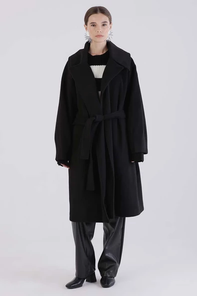 Siyah-Oversize Kuşaklı Kaşe Kaban - 2