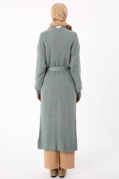 Çağla Yeşili-Fitilli Kuşaklı Uzun Triko Hırka - 4