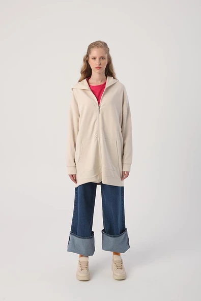 Açık Bej-Fermuarlı Sweat Hırka - 2