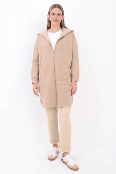 Açık Vizon-Fermuarlı Sweat Hırka - 2