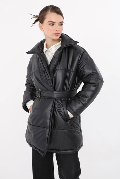 Siyah-Kalpli Kemer Aksesuarlı Şişme Mont - 5