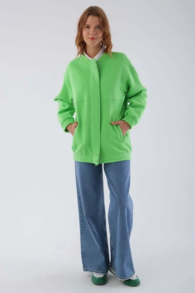 Neon Yeşil-Çıtçıtlı Fermuarlı Şardonlu Hırka - 4