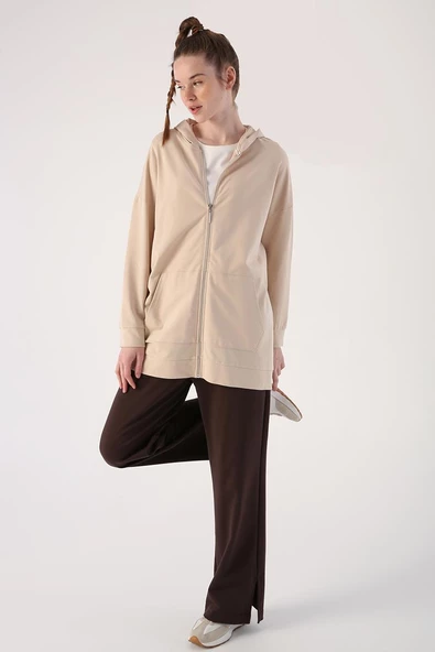 Bej01-Fermuarlı Sweat Hırka - 5