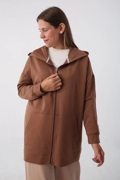 Kahve-Fermuarlı Sweat Hırka - 5