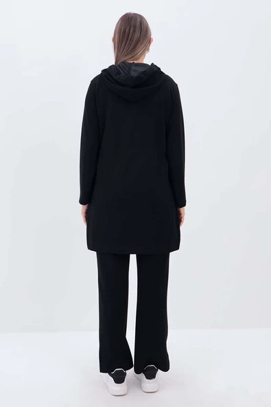 Siyah-Kapüşonlu Belden Kanallı Hırka - 4