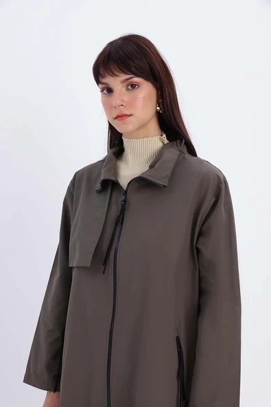 Haki-RÜZGARLIKLI FERMUARLI TRENÇKOT - Resim 5