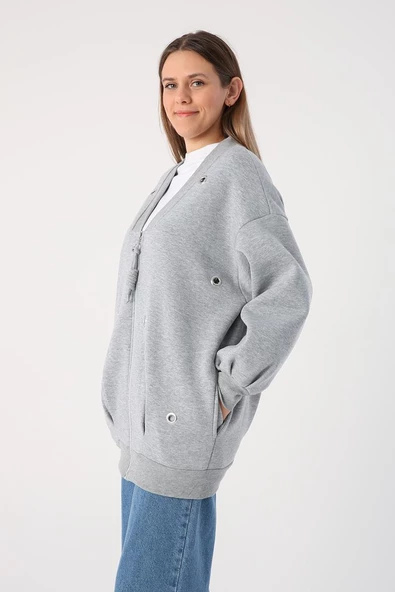 Gri Melanj-V Yaka Kuşgözü Detaylı Şardonlu Fermuarlı Hırka - Resim 3