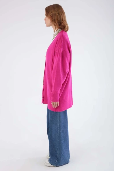 Fuşya-V Yaka Kalpli Düğmeli Triko Hırka - 3