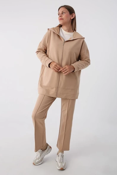 Bej-Fermuarlı Sweat Hırka