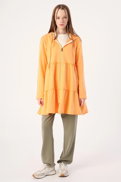 Somon-Fırfırlı Neon Detaylı Kapüşonlu Örme Hırka - 2