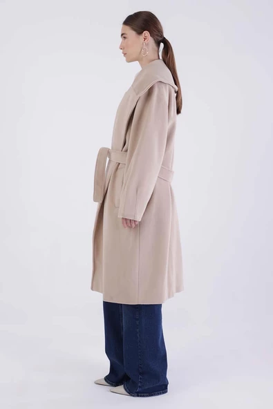 Bej-Oversize Kuşaklı Kaşe Kaban - 3