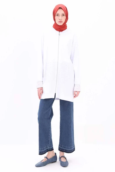 Beyaz-%100 Pamuklu Fisto Sweat Hırka - 2