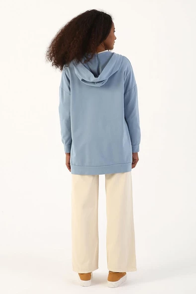 Açık Mavi-Fermuarlı Sweat Hırka - 4