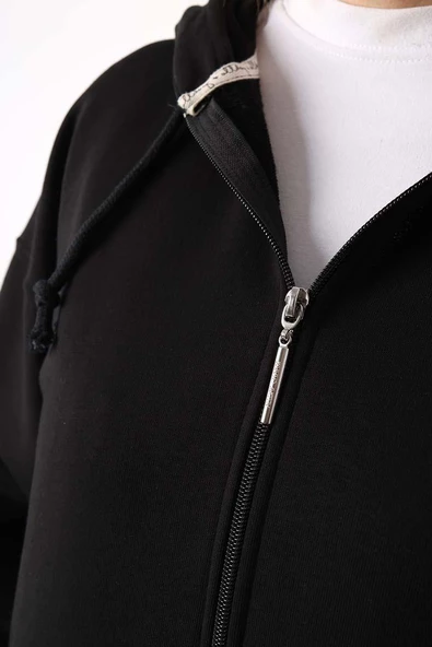 Siyah-Kanguru Cepli Oversize Sweat Hırka - 5