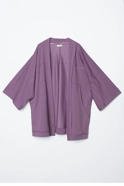 Koyu Lila-Yarasa Kollu Likralı Oversize Kimono - 6