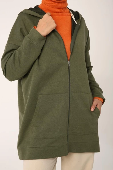 Haki-Fermuarlı Sweat Hırka