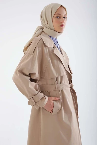 Bej-Kemerli Çıtçıtlı Trençkot - Resim 5