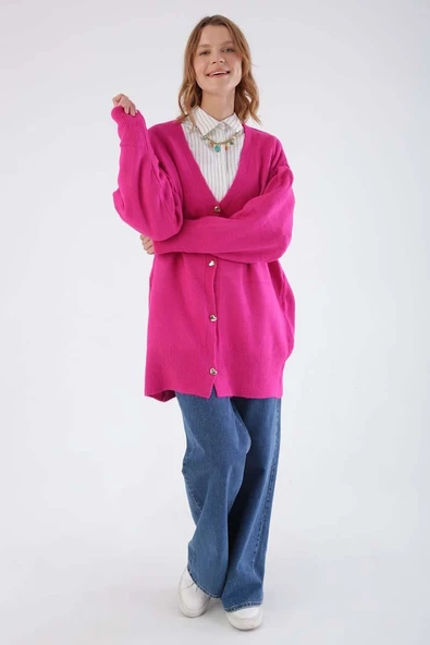 Fuşya-V Yaka Kalpli Düğmeli Triko Hırka