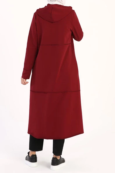 Bordo-Kapüşonlu Fermuarlı Hırka - 5