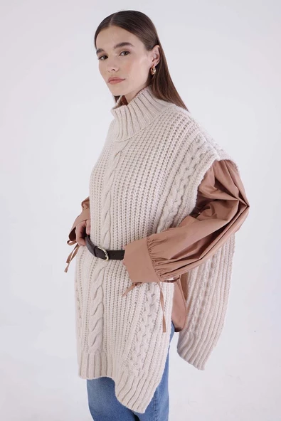 Ekru-Saç Örgülü Balıkçı Yaka Süveter - Resim 5