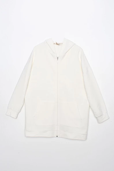 Ekru-Fermuarlı Sweat Hırka - 7