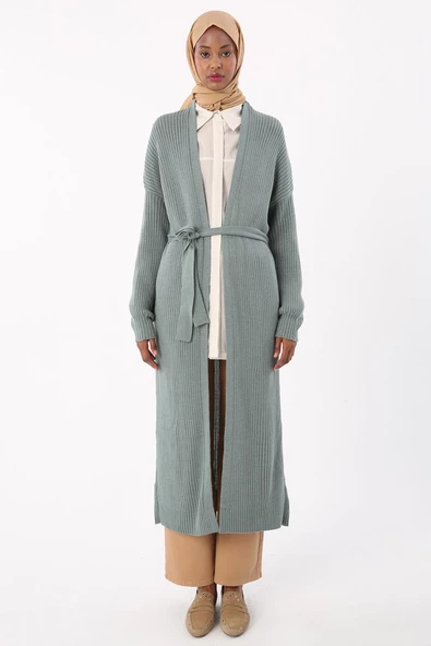 Çağla Yeşili-Fitilli Kuşaklı Uzun Triko Hırka - 2