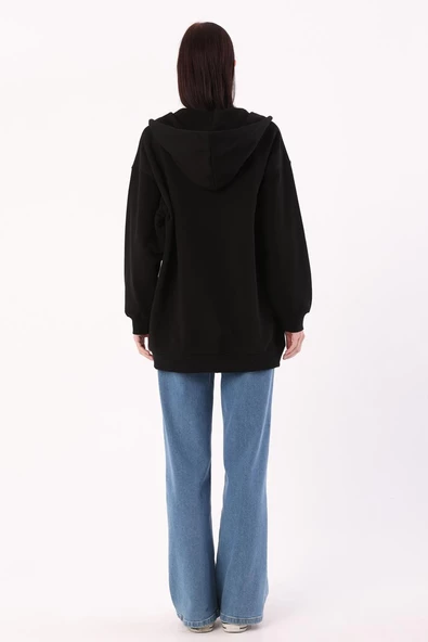 Siyah-Kanguru Cepli Oversize Sweat Hırka - 4