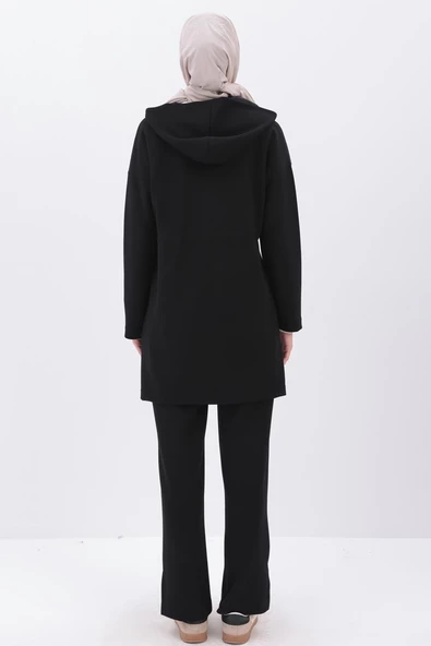 Siyah-Saten Garnili Kapüşonlu Hırka - 4