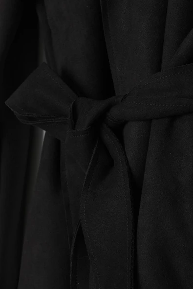 Siyah-Kuşaklı Kolları Detaylı Süet Trençkot - Resim 5