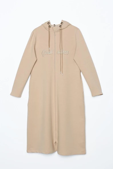 Bej-Aplike Nakışlı Çift Kordonlu Kapüşonlu Hırka - 6