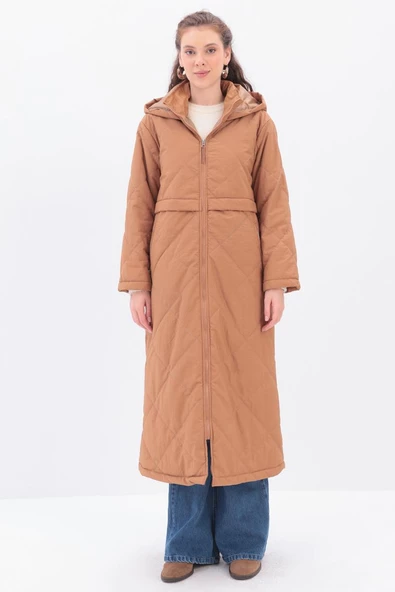 Toprak-Kapşonlu Kapitone Kaban - Resim 2