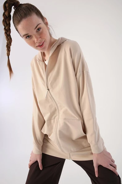 Bej01-Fermuarlı Sweat Hırka