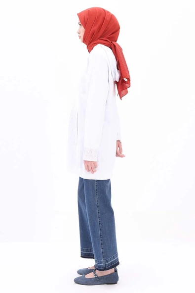 Beyaz-%100 Pamuklu Fisto Sweat Hırka - 3
