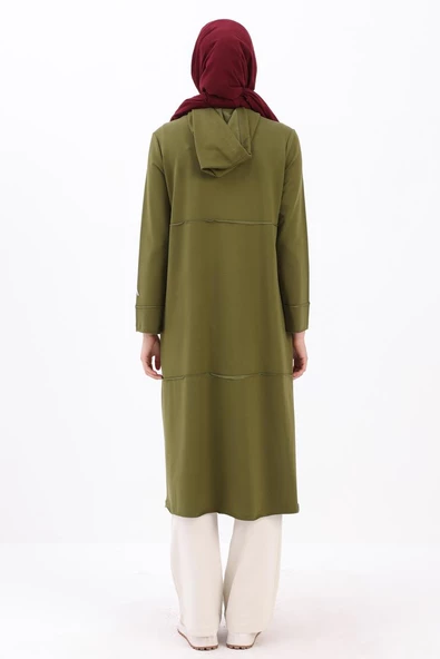 Haki-Kapüşonlu Fermuarlı Hırka - 4