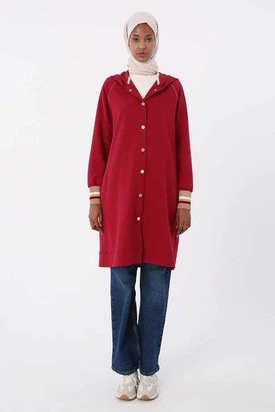 Bordo-Çizgili Ribanalı Ve Renkli Çıtçıtlı Kapüşonlu Likralı Hırka - 2