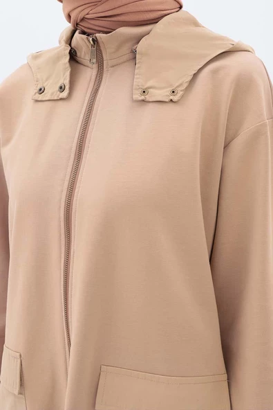 Bej-Kapüşonlu Fermuarlı Hırka - Resim 5